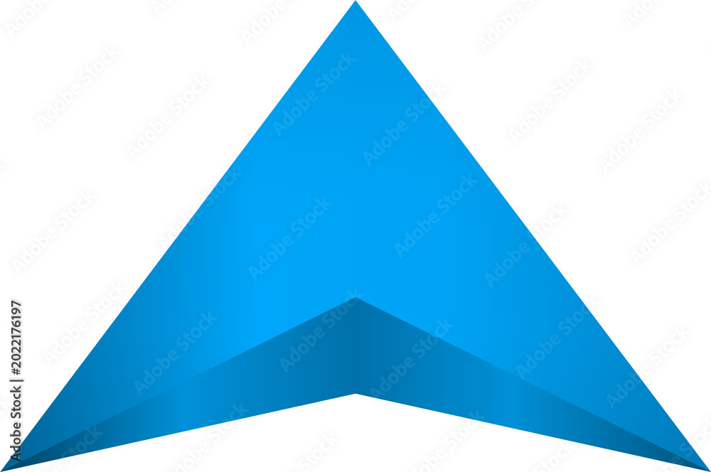 Fototapeta premium Bright blue upward-pointing triangular arrow icon with a subtle 3D effect, representing direction, navigation, or ascent.