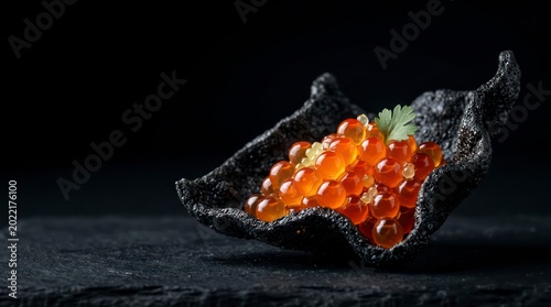 An extreme macro, close-up photograph of delicate, avant-garde salmon caviar (roe) canapés