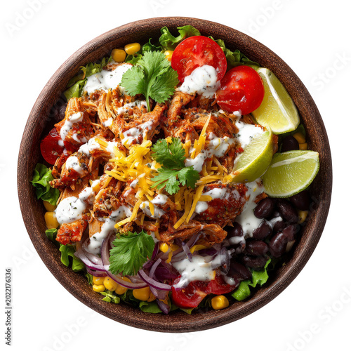 Delicious chicken salad bowl with vegetables and lime