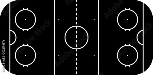Minimalist black and white graphic illustration of an ice hockey rink layout with face-off circles, goal creases, and zone lines.