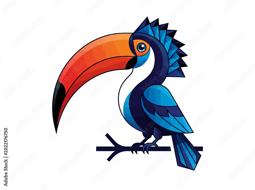 Obraz premium Vibrant Geometric Toucan Vector Illustration - Stylized Tropical Bird Icon Isolated on White Background for Modern Design and Branding