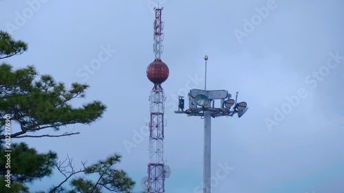 A pine tree branch and retro futuristic telecommunication tower featuring various antenna types and a radome, typical of wireless infrastructure used for mobile networks and broadcasting 