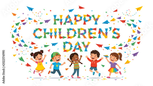 Fotografía Joyful Celebration: This illustration showcases the ebullient spirit of children's day, with lively kids leaping amidst vibrant confetti, embodying the happiness and excitement of the occasion
