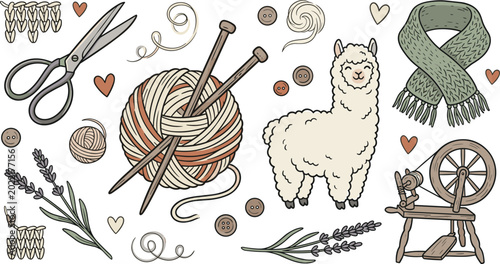 Foto Hand Drawn Knitting and Wool Craft Vector Set Featuring Cute Alpaca Character Sp