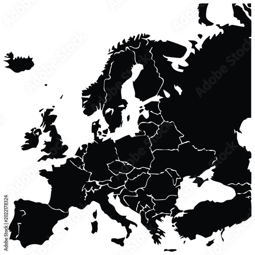 Fotografie Black silhouette map of Europe continent with country borders, vector illustration