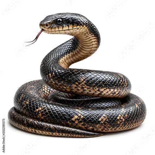 Coiled Black Rat Snake With Tongue Out Isolated On White Background