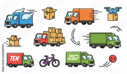 Cartoon delivery truck icon set colorful fast shipping vehicles playful courier vector illustration