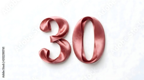 Elegant pink satin ribbon number 30 on white background