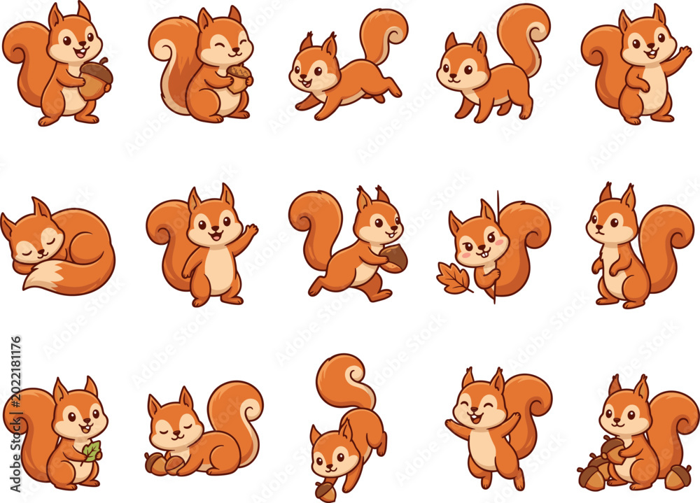 Obraz premium Cute Squirrel Characters Vector Illustration - Cartoon Squirrel Poses and Emotions Collection
