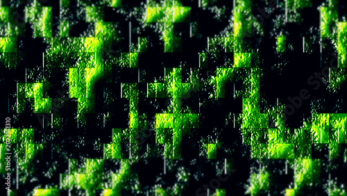 Square mosaic pattern with green glowing highlights and textured glass effect. Fusion of technology and organic nature colors.