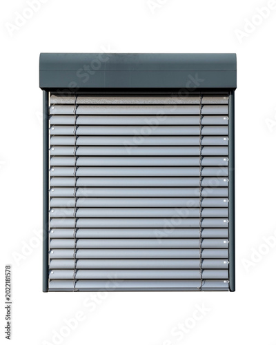Closed horizontal modern metal roller shutters in gray color. PNG isolated on a transparent background