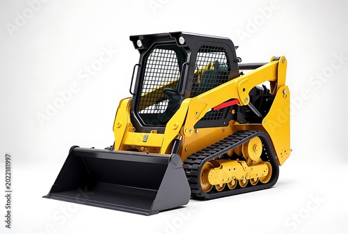 Heavy duty yellow tracked skid steer loader with black bucket attachment positioned for construction work