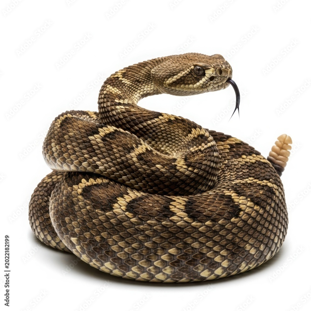 Obraz premium Rattlesnake coiled isolated on a white background ready to strike its fangs and patterned scales with pit viper
