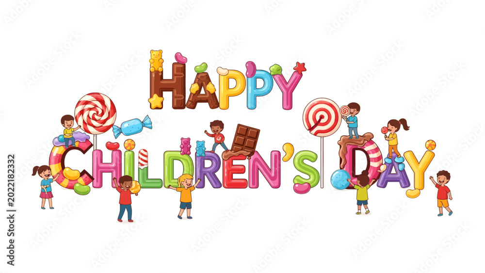 Fototapeta premium Sweet Greetings: Happy Children's Day, A delightful and colorful illustration, the image showcases the cheerful essence of children's day