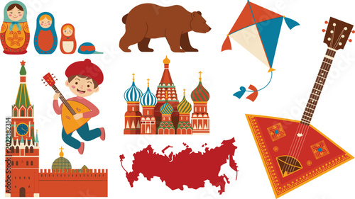 Obraz na płótnie Russian Culture and Tourism Vector Illustration Set with St Basils Cathedral, Kr