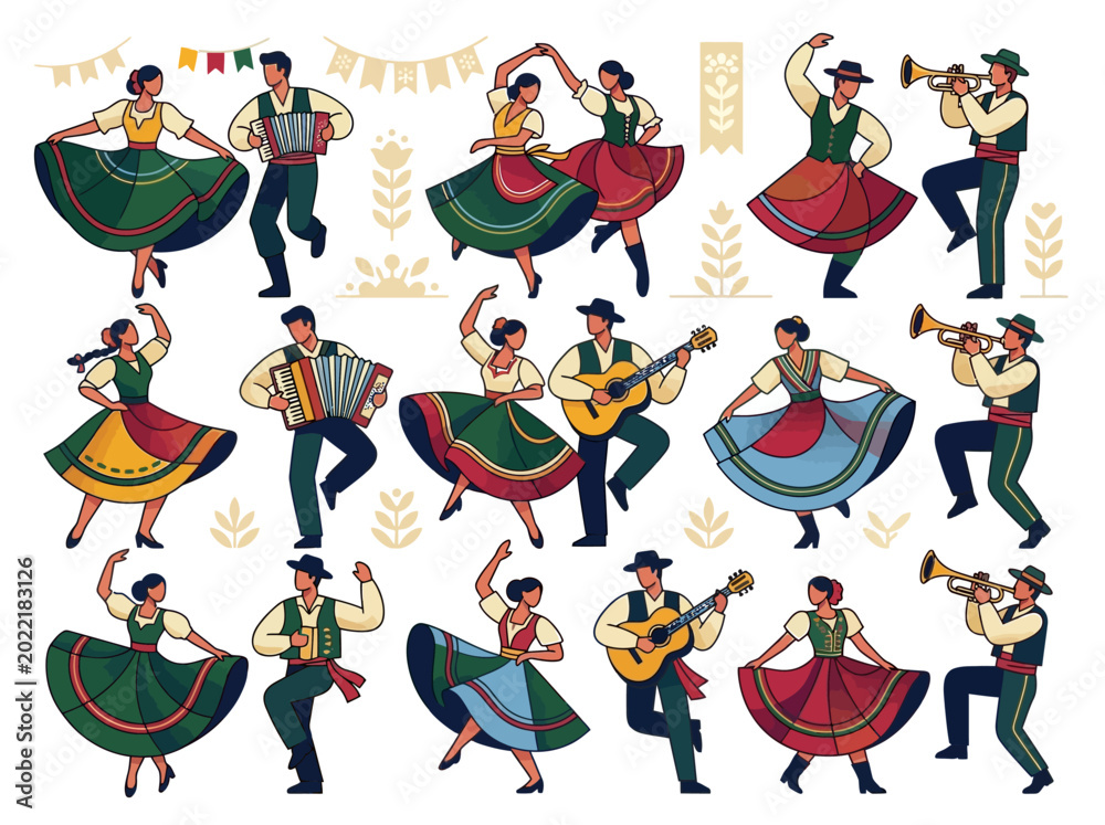 Fototapeta premium Traditional European Folk Dancers and Musicians in Colorful Costumes Illustration Set with Accordion, Guitar, and Trumpet Players