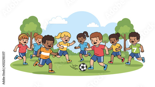 Canvas Print Playful Kickabout: A lively scene unfolds as children engage in a spirited game of football on a sunny day