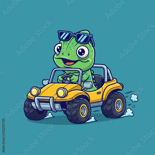 Photos Cute Cartoon Lizard Driving a Yellow Dune Buggy with Sunglasses.