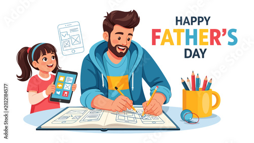 Foto Father's Day joy: A heartwarming illustration of a father and child creating a digital design, celebrating the special bond between parent and offspring