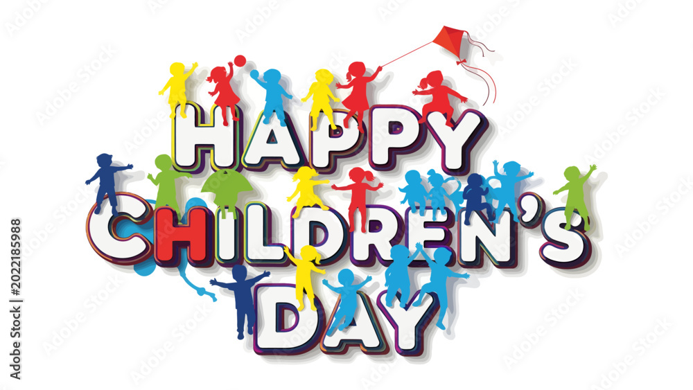 Fototapeta premium Happy Children's Day: A vibrant and colorful image celebrates childhood. Depicting a cheerful scene with playful figures and a joyful message. Perfect for bringing smiles and spreading happiness.