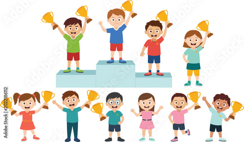 Cute Kids Winning Trophies Character Set with Children Standing on Podium, Celebrating Success, Holding Gold Cups, and Achievement Medals for School Sports and Competition Vector Illustrations