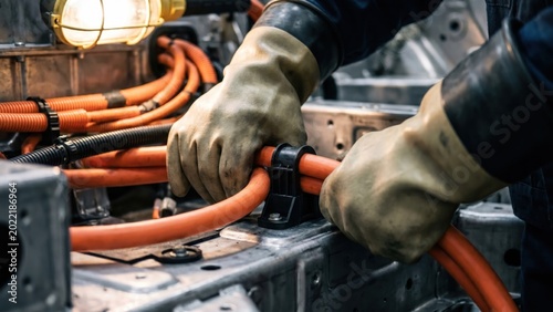 Skilled Technician Routing Orange High Voltage Cables Through Electric Vehicle Chassis