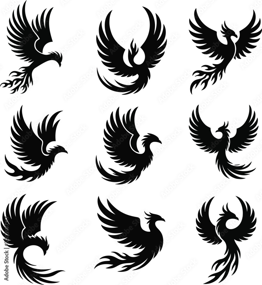 Obraz premium Set of phoenix bird silhouettes isolated on white background