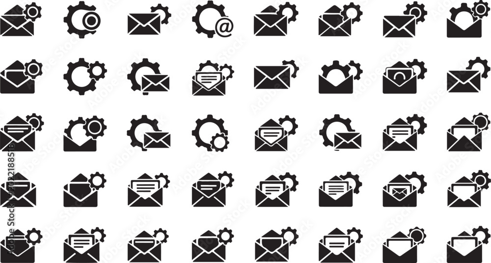 Naklejka premium 40 Email, Settings, Gear Icons, Vector Graphics, Black and White