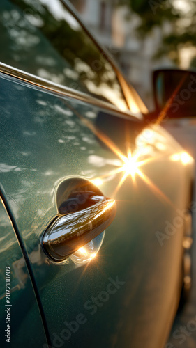 Sunlight flare on a green car door handle automotive luxury
