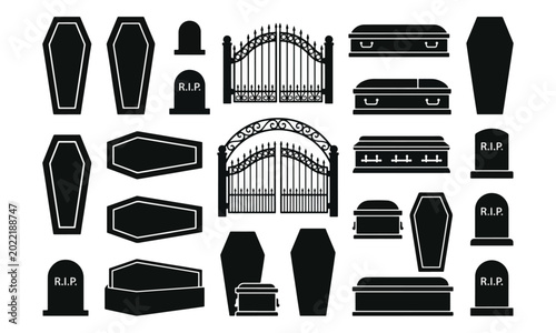 Foto Coffin tombstone and cemetery gate silhouette icon set