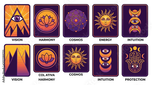 фотографія Set of Mystical Tarot Cards and Spiritual Icons including Vision, Harmony, Cosmos, Energy, Intuition, and Protection