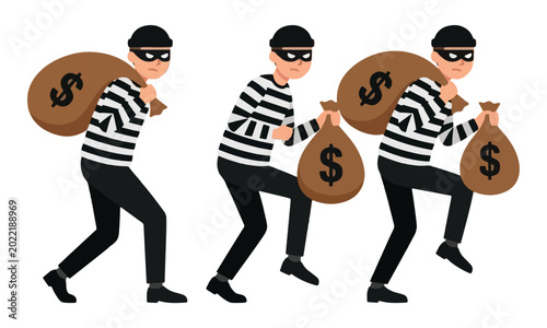 Foto Burglars carrying money bags in striped shirts illustration