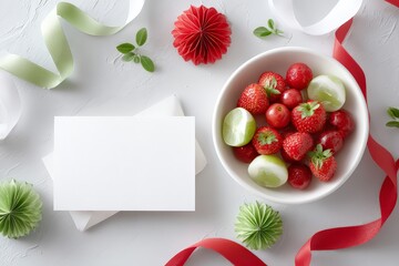 Top view flat lay of strawberries and lime halves with ribbons and blank card for juneteenth party invitation mockup and food banner