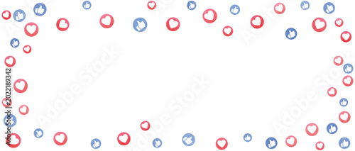 Bild auf Leinwand Social media frame with floating red heart love icons and blue thumbs up like bu