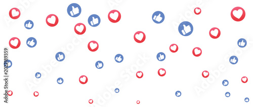 Photos Floating social media icons with red heart shapes and blue thumbs up signs repre