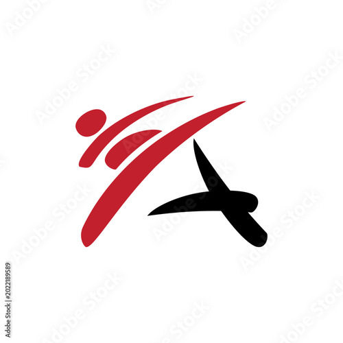 Dynamic Taekwondo logo featuring energetic red athlete in action combined with bold black stylized 'A' and flying kick. Modern, powerful, and minimalist design perfect for Taekwondo clubs