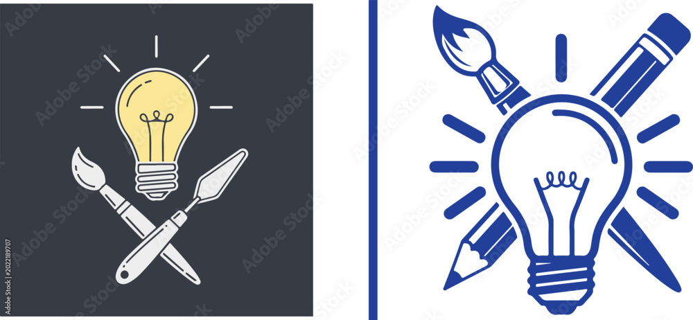 Naklejka premium Creative art icons featuring lightbulbs, paintbrushes, pencils, and palette knives. Representing artistic inspiration, design innovation, and creative process