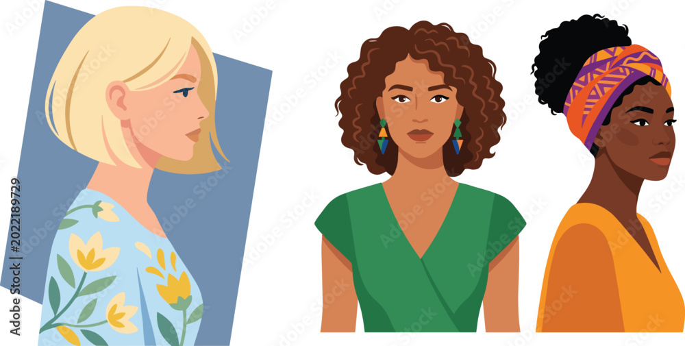 Obraz premium Diversity concept vector illustration set of three diverse women in flat design style for web and print