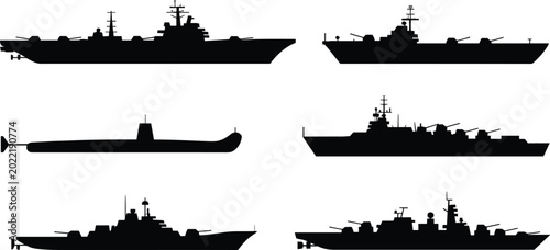 Photos Modern Warship and Navy Vessel Silhouette Set with Aircraft Carrier Submarine an