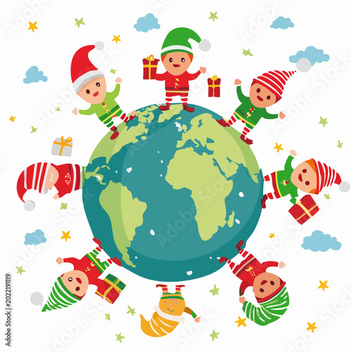 Christmas Elves Celebrating Around the Globe with Gifts