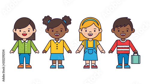 Bild auf Leinwand Playful Companions: A charming illustration depicts four diverse young children, each with unique features, radiating happiness and friendship