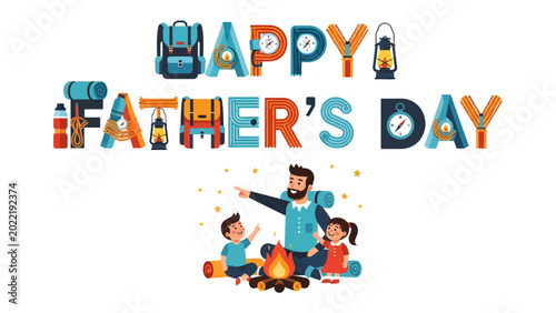 Φωτογραφία Happy Father's Day Adventure: A vibrant, adventurous illustration celebrating Father's Day, picturing a father figure guiding his children beside a cozy campfire