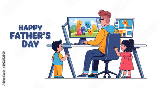 Konstfotografi Father's Day Digital Devotion: A father, engrossed in digital creation with cartoonish characters, is flanked by his two admiring children