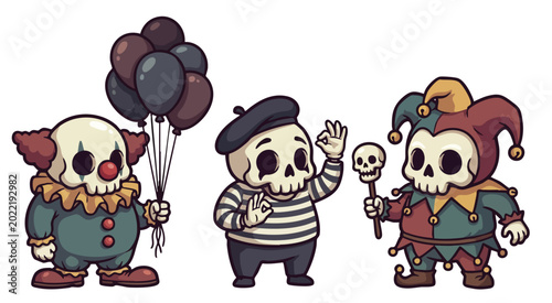 Canvastavla Cartoon skeleton characters dressed as clowns and mime with colorful outfits