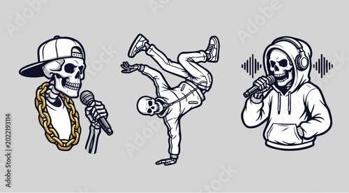 Bild auf Leinwand Hip hop themed skeletons with microphone and breakdancer in urban style