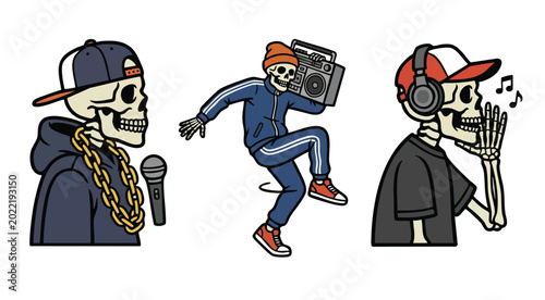 Schilderij op canvas Hip hop skeletons with boombox, microphone, and headphones