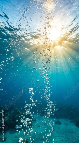 Underwater Bubbles with Sunlight Bubbles Sunlight Ocean Sea Water Marine Nature. Concept featuring bubbles, sunlight, ocean, sea, water for professional commercial design.