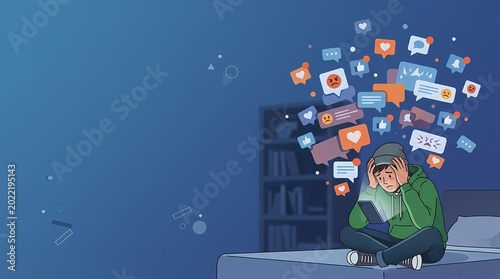 Stressed young person using smartphone surrounded by social media notifications.