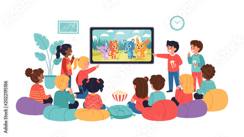 Foto Friends Watching cartoon at home: A group of children is engrossed in watching a cartoon on TV, surrounded by colorful bean bags