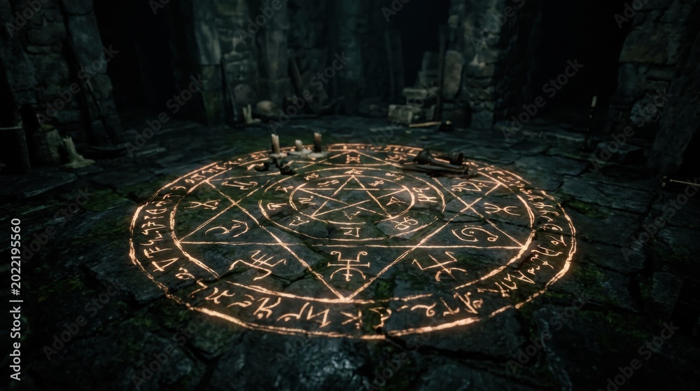 Fototapeta premium Wide ritual chamber with glowing magic circle and candles. Halloween witchcraft scene concept.